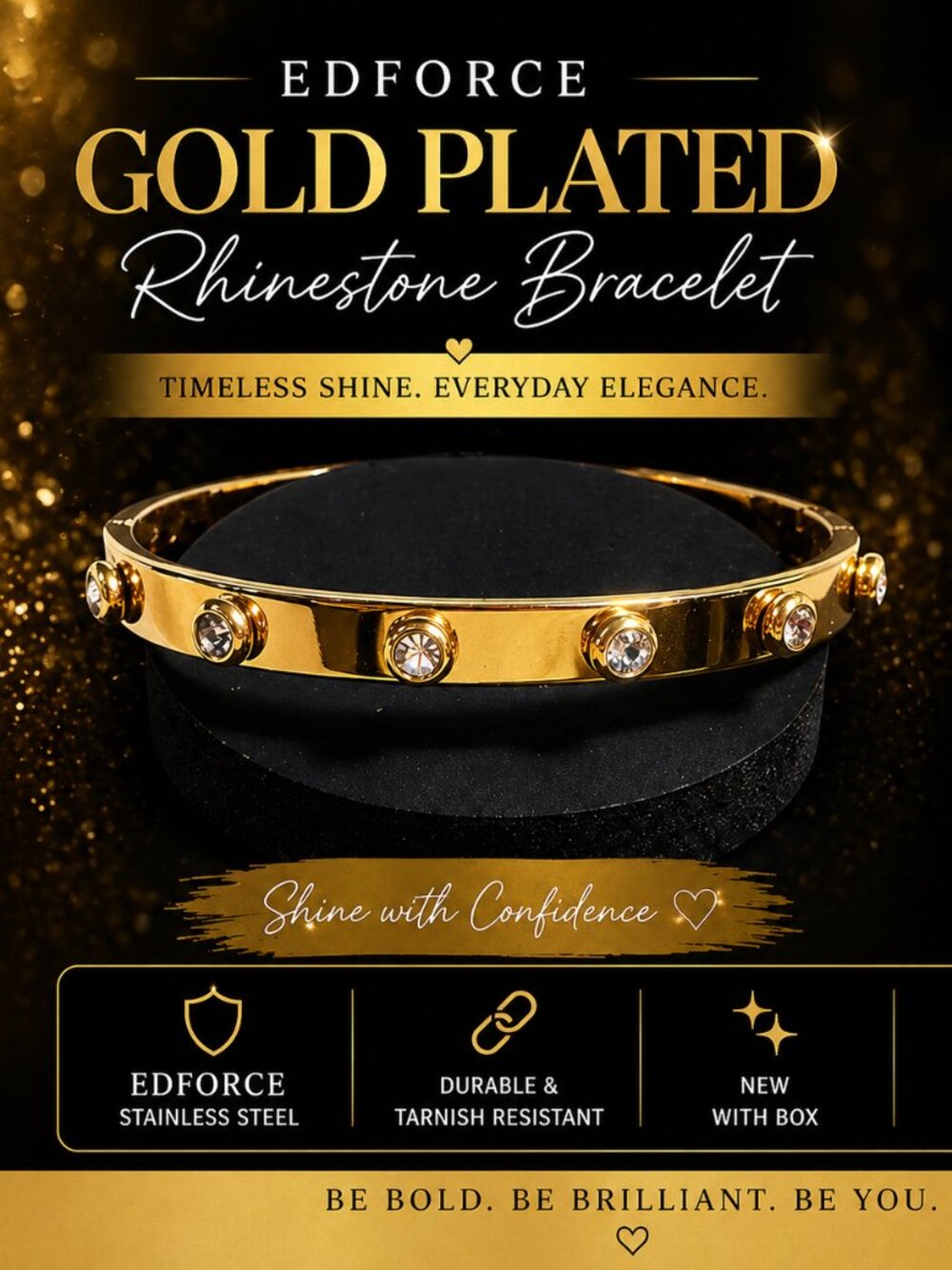 NWOT Gold Plated Rhinestone Bracelet – EDFORCE UNISEX Stainless Steel